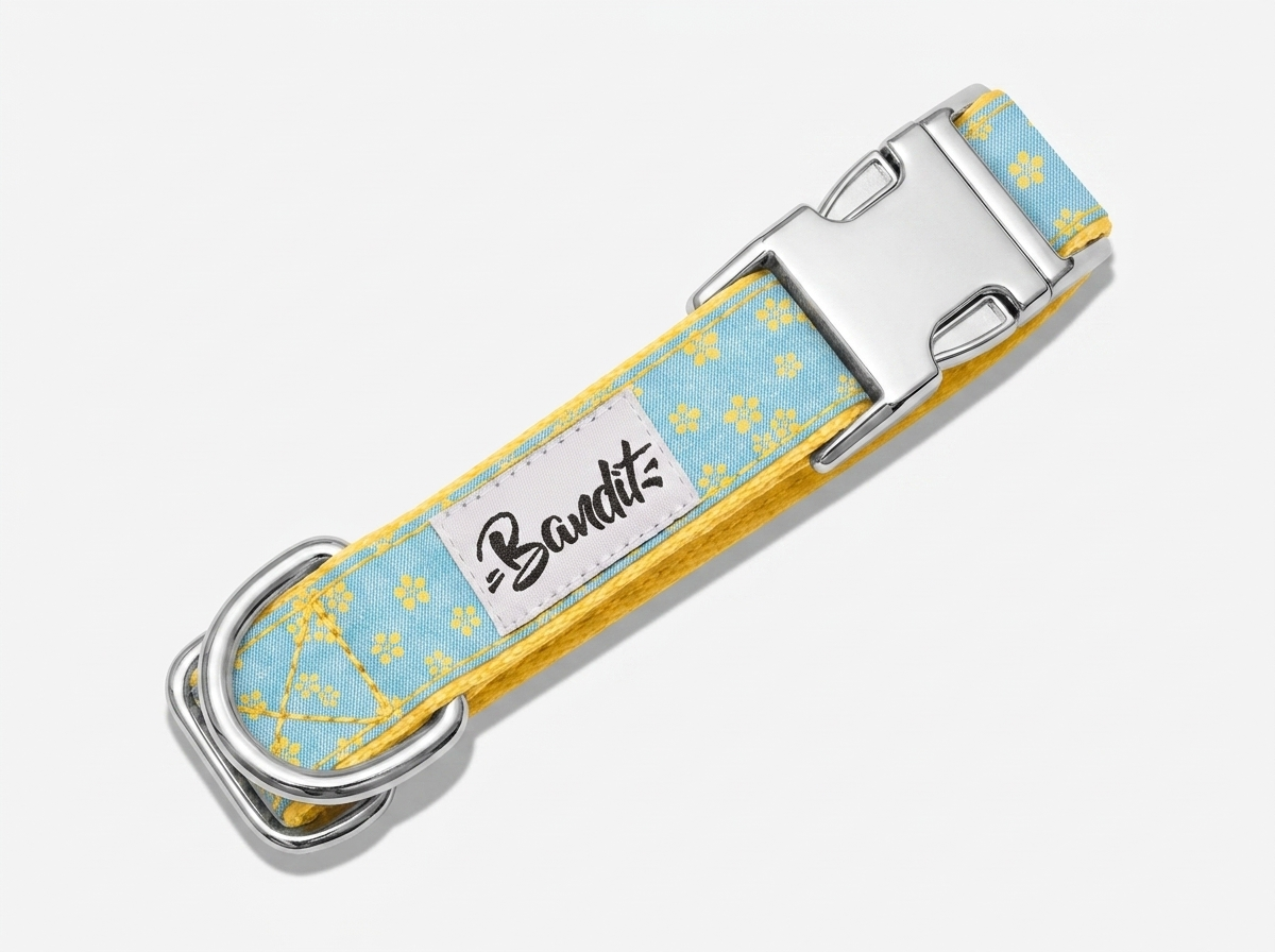 Collier chien jean fleurs jaunes
