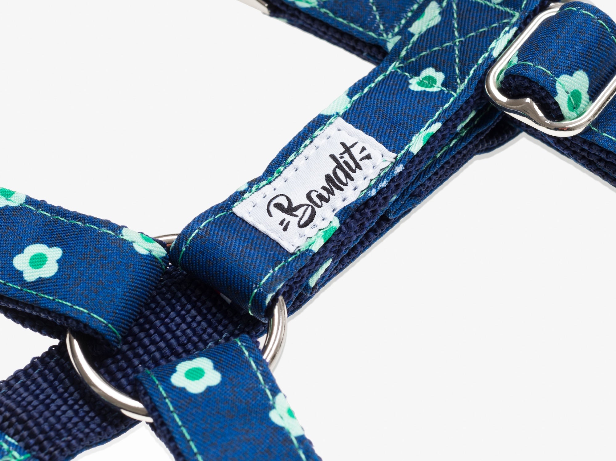 Harnais pour chien denim bleu brut à fleurs