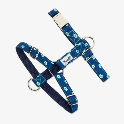 Harnais pour chien denim bleu brut à fleurs