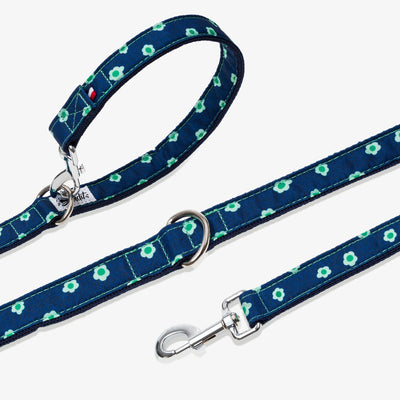 Laisse pour chien denim bleu brut à fleurs