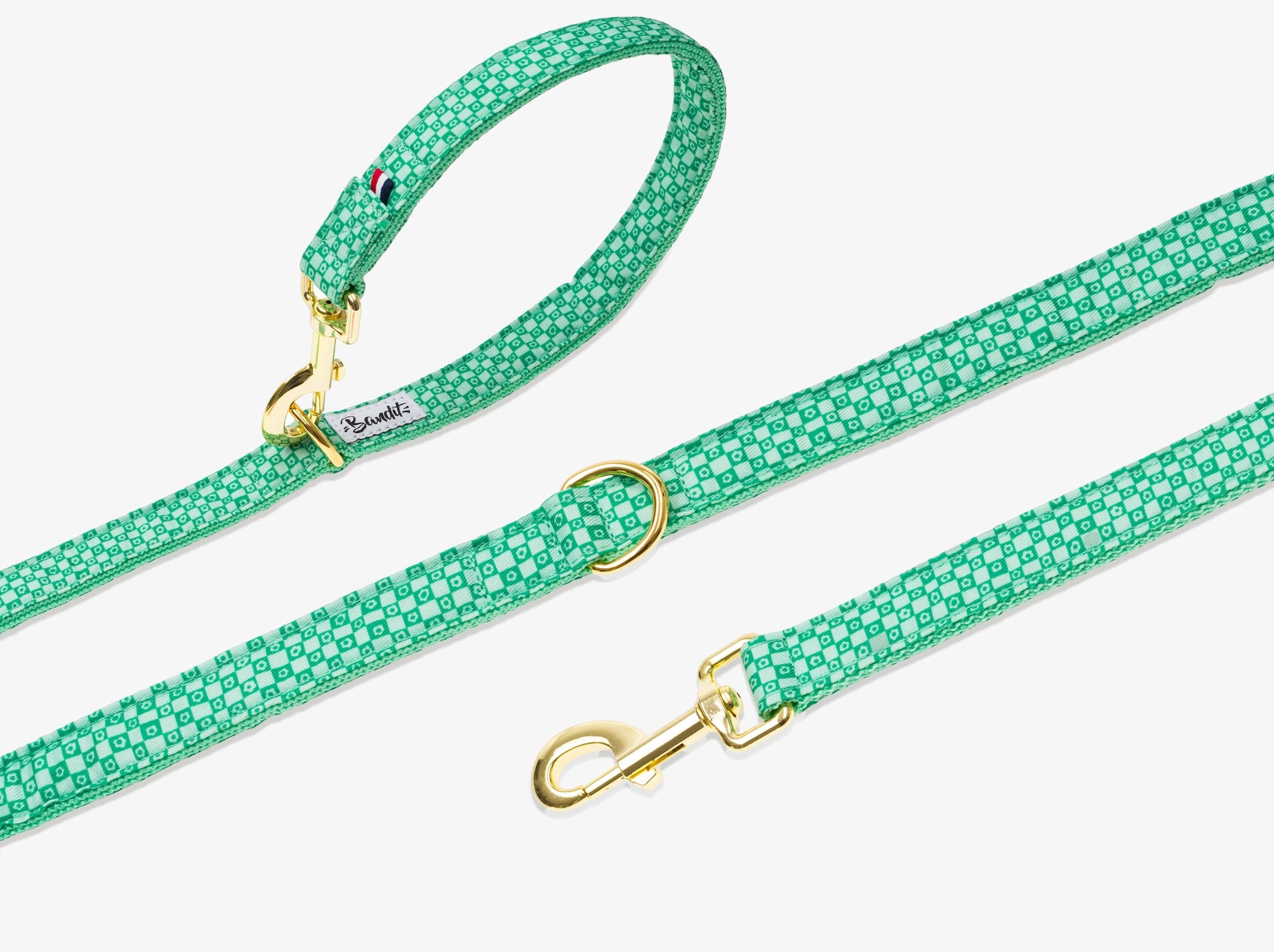 Laisse pour chien imprimé à carreaux vert orné de fleurs.