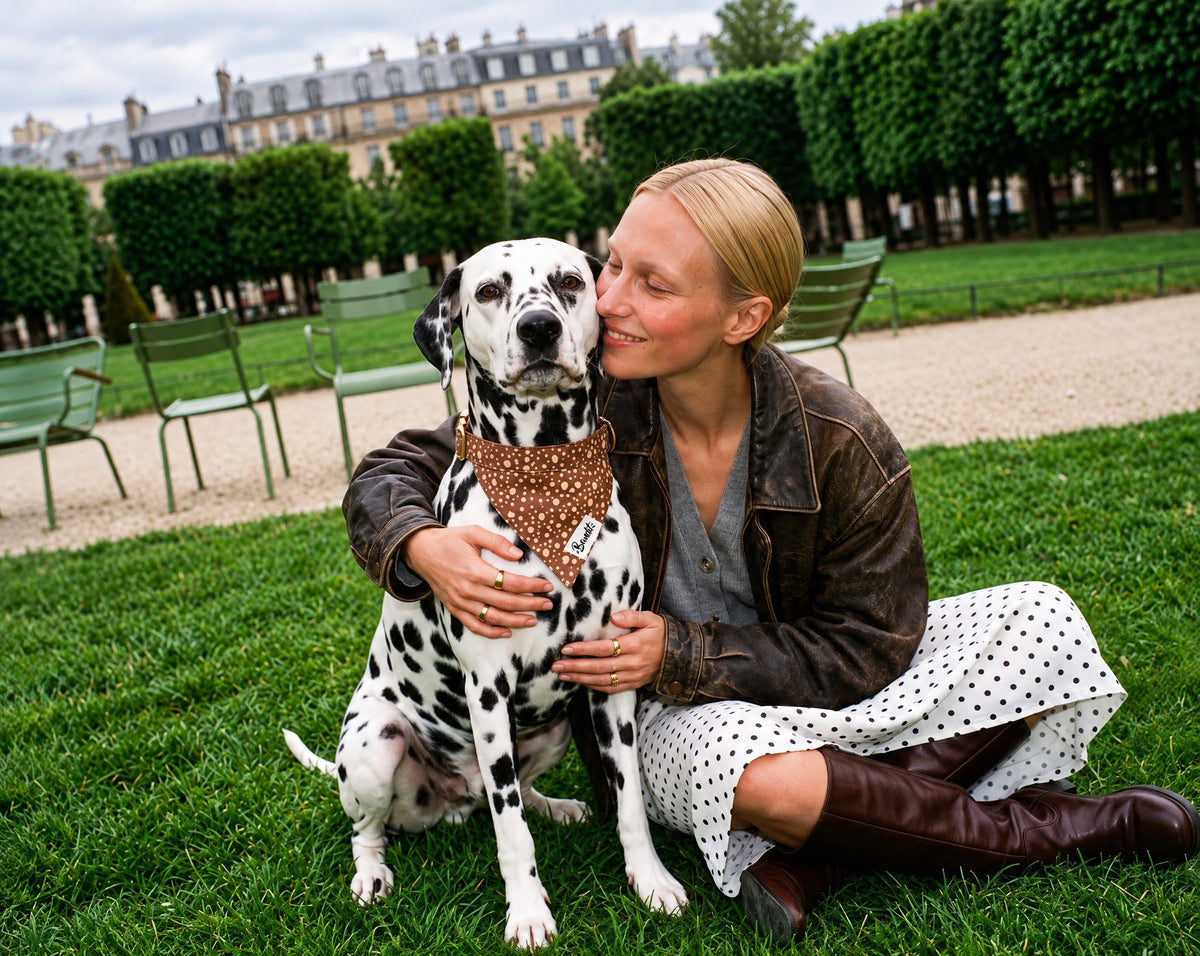Bandana pour chien motif Faon (pois beige sur fond marron) French Bandit porté par un dalmatien dans un jardin parisien