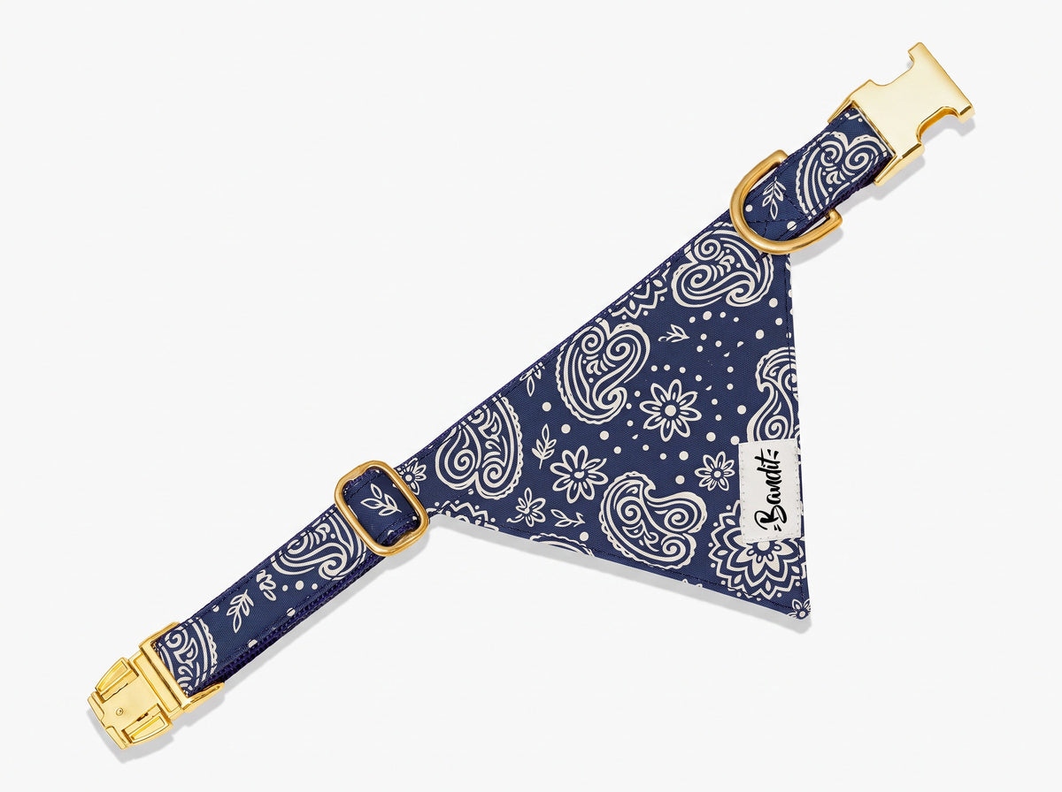 Bandana pour chien motif Minuit (paisley bleu marine) French Bandit, vue produit sur fond blanc