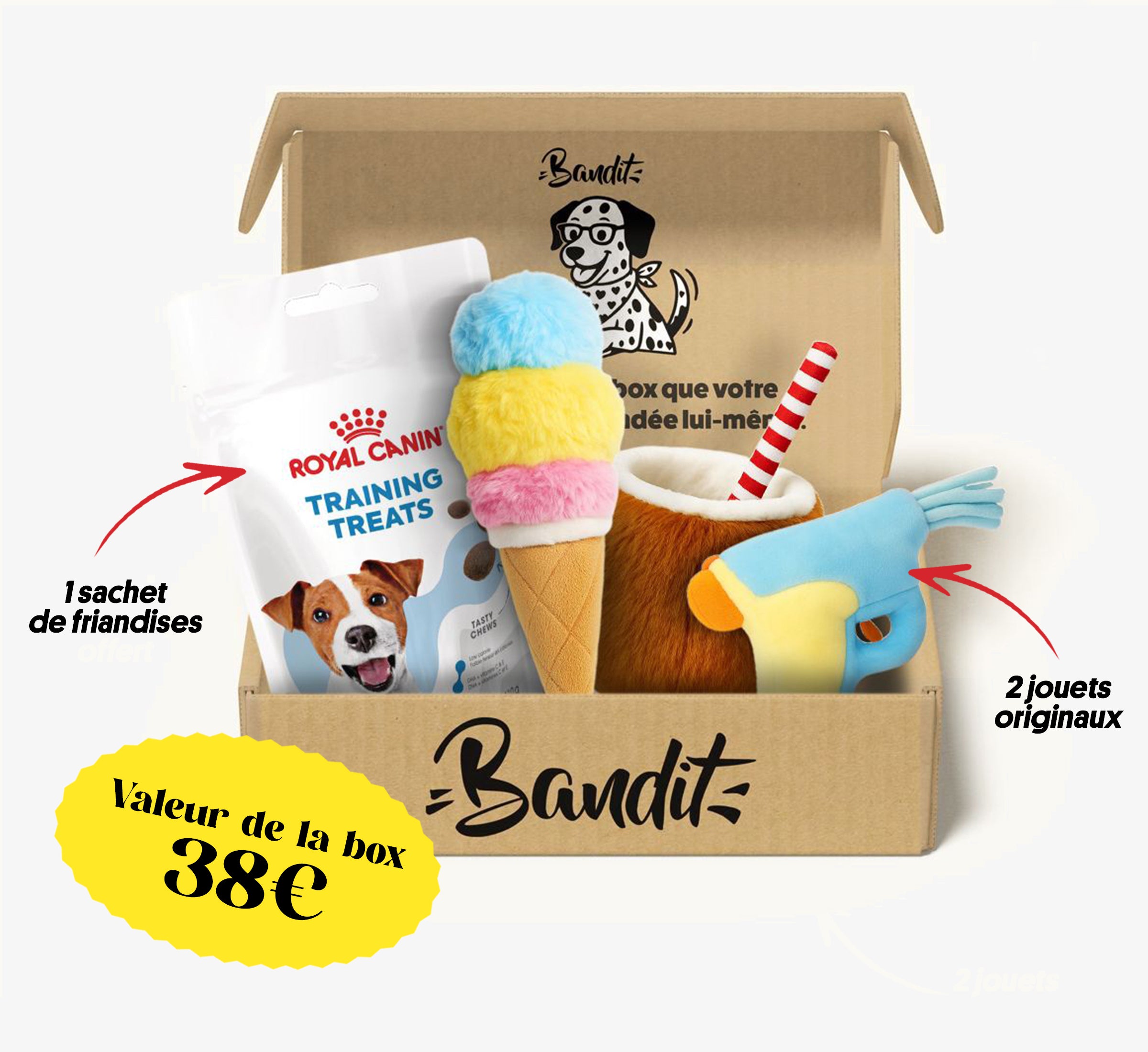 Box jouet pour chien – 2 jouets exclusifs + friandises