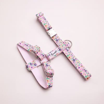 Harnais pour chien imprimé fleuri rose