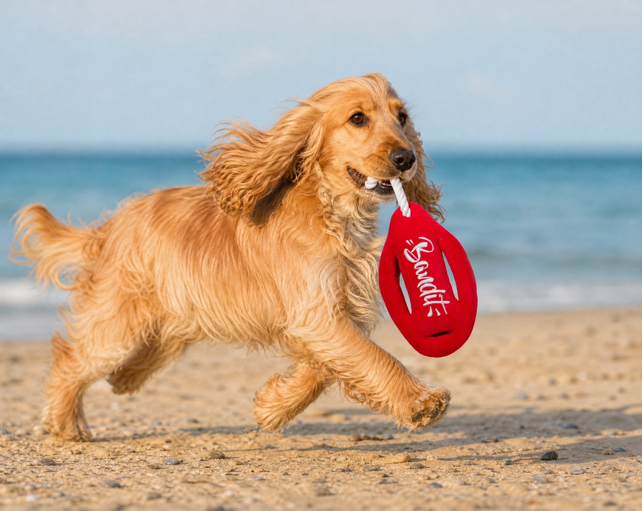 Chien courant sur la plage avec le jouet bouée French Bandit dans la gueule