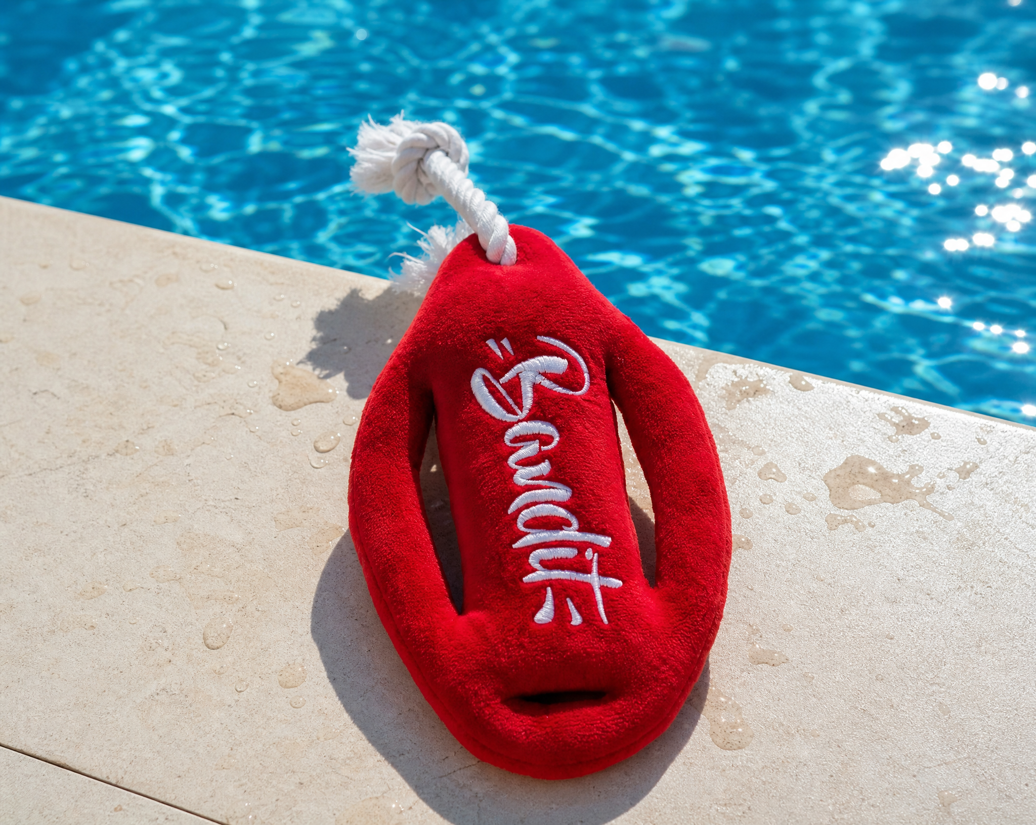 Jouet bouée French Bandit posé sur le rebord d'une piscine en été