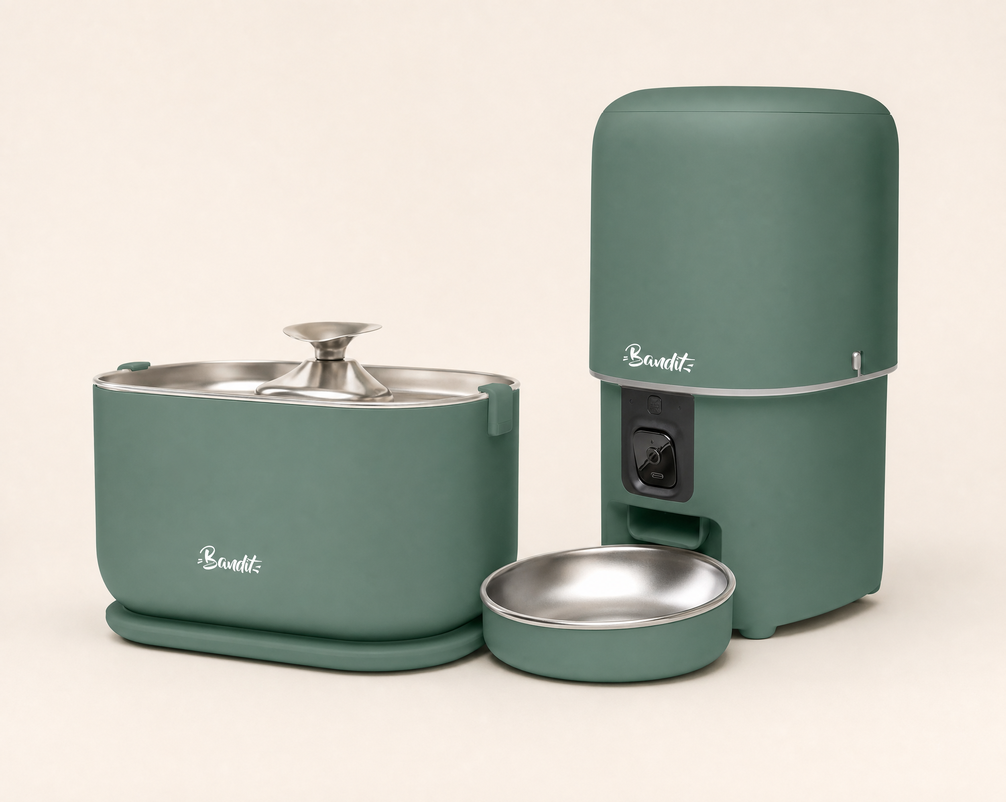 Kit fontaine à eau filaire + distributeur de croquettes Bandit, coloris vert