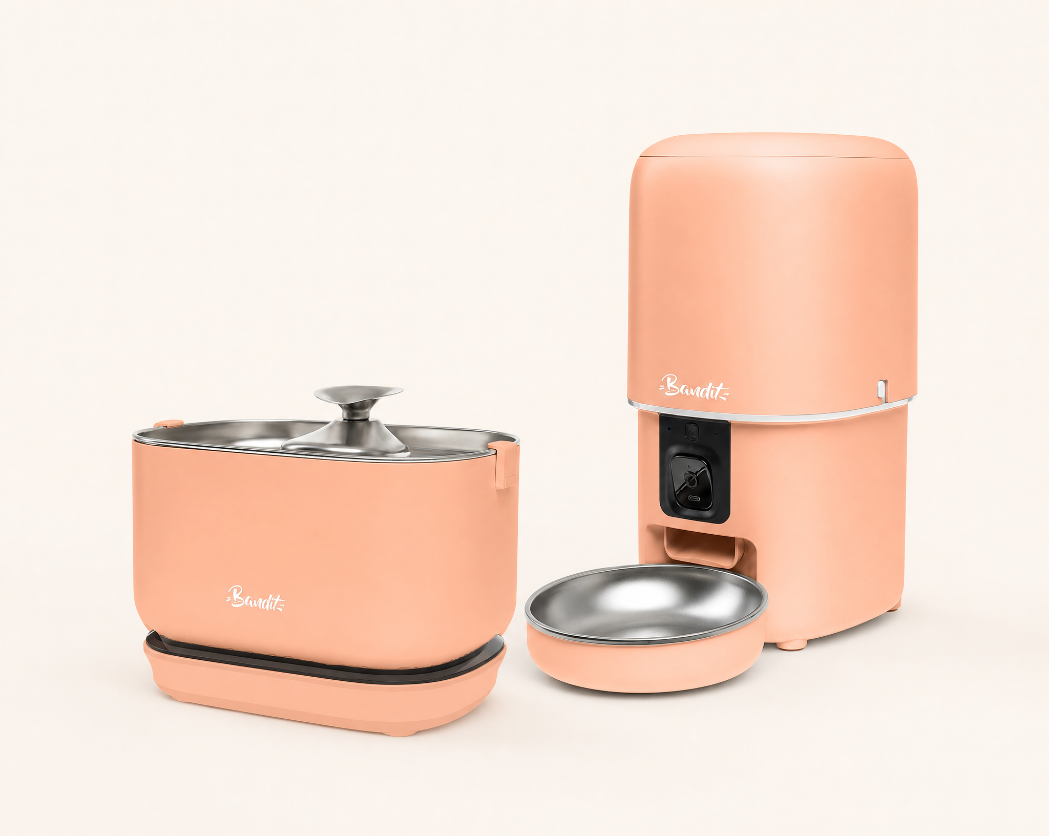 Kit fontaine à eau sans fil + distributeur de croquettes Bandit, coloris pêche