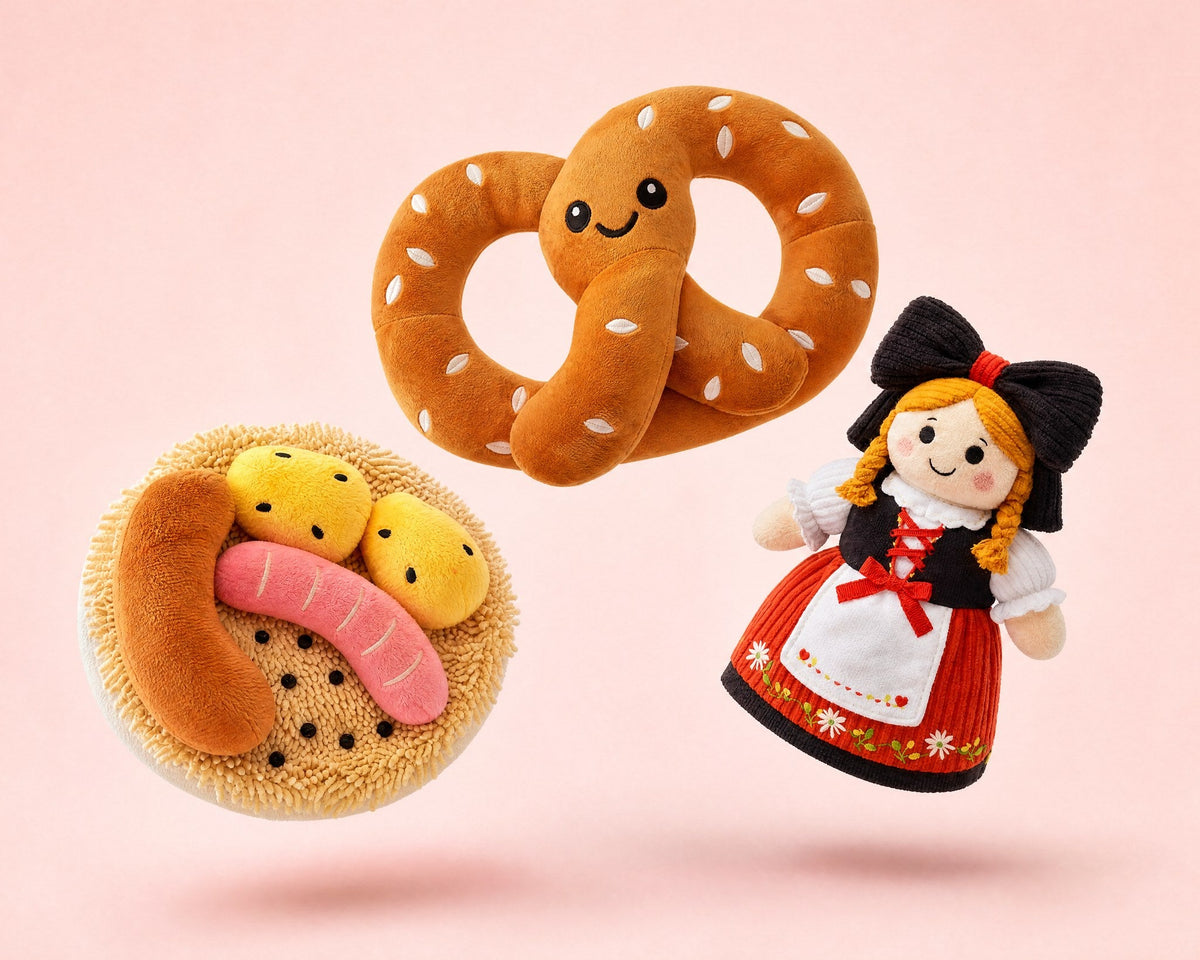 Collection jouets pour chien Alsace French Bandit : bretzel, choucroute et petite Alsacienne en peluche
