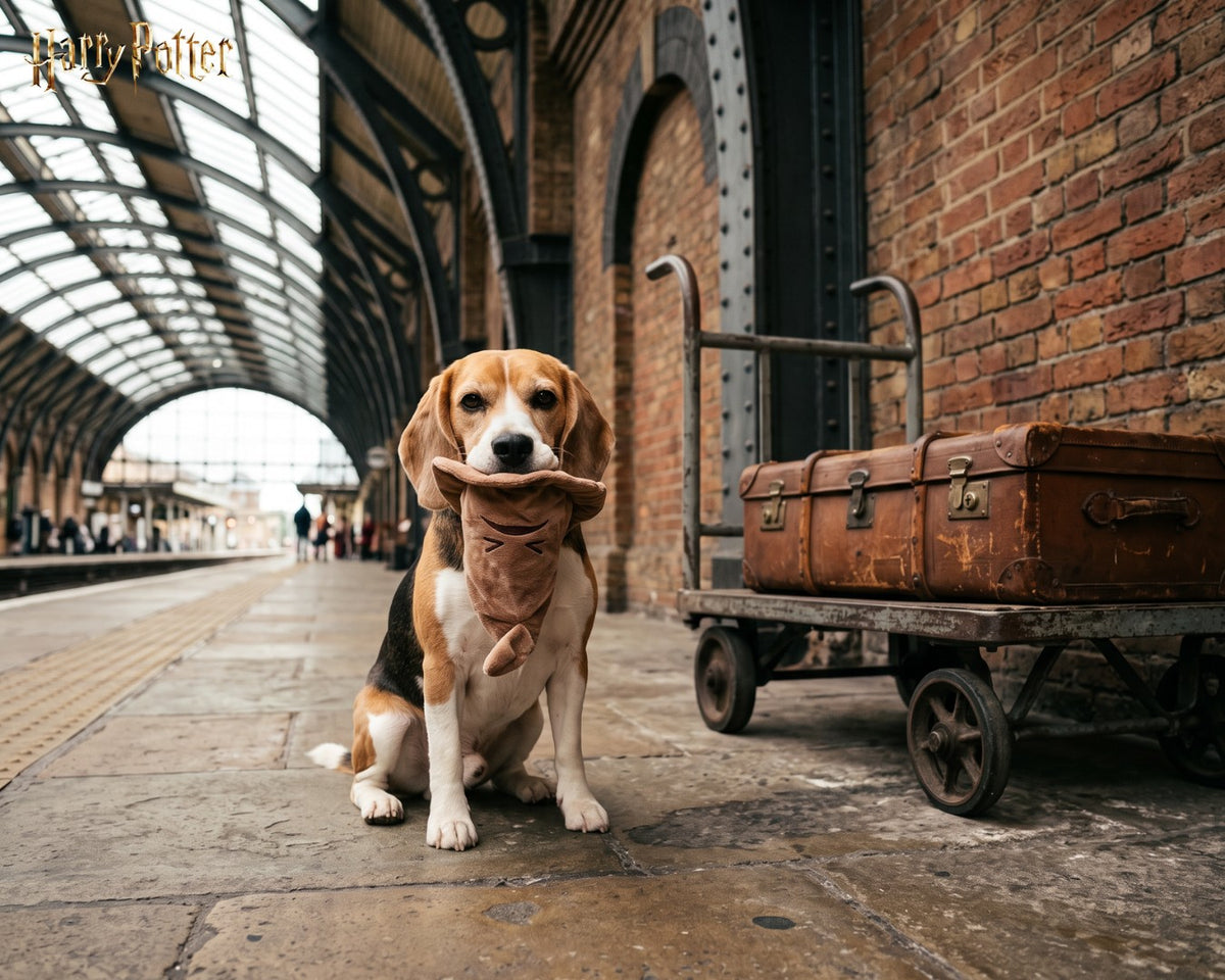 Beagle tenant le jouet Choixpeau magique Harry Potter dans une gare