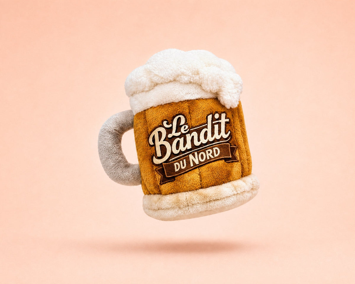 La Chope du Bandit, jouet pour chien en peluche en forme de chope de bière du Nord, packshot French Bandit
