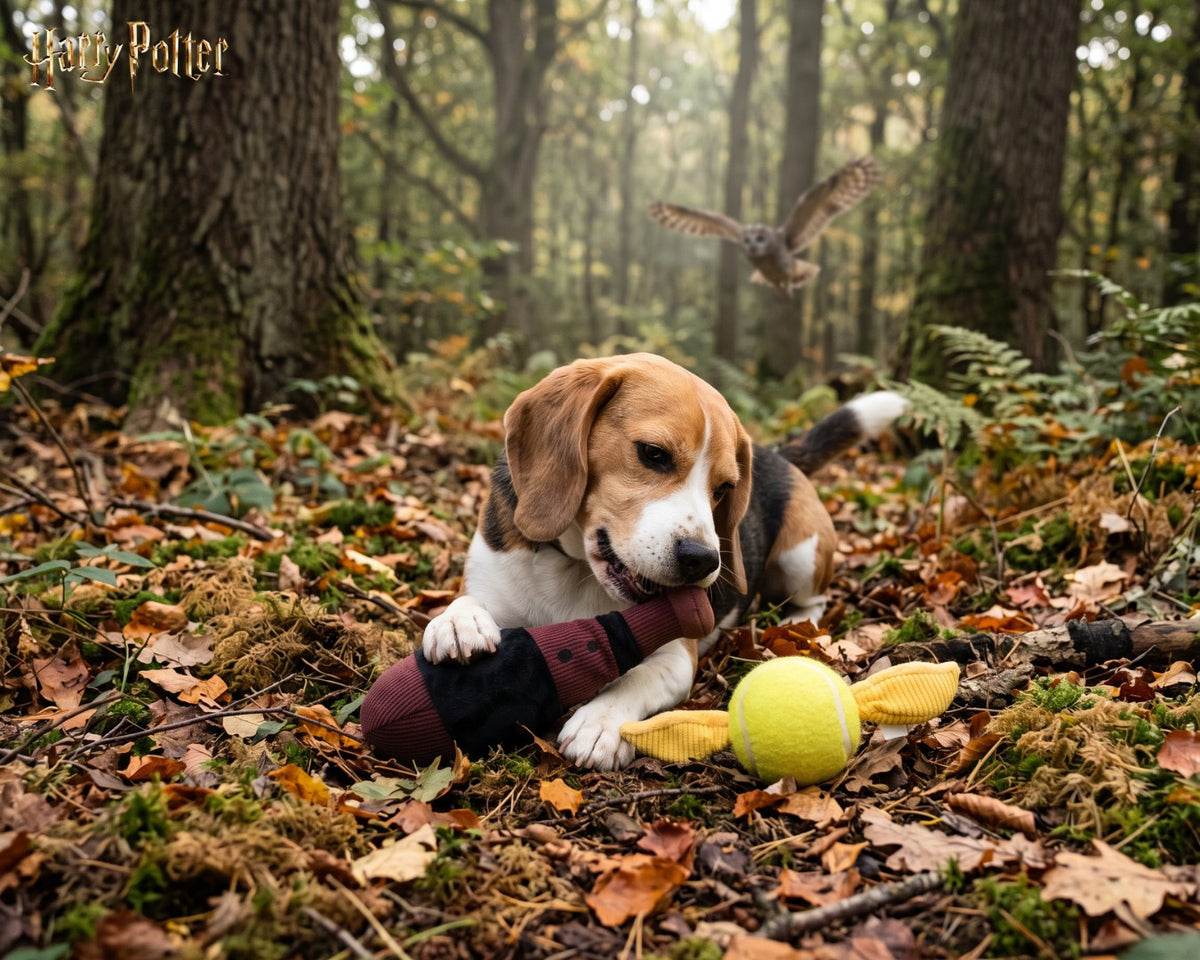 Beagle jouant avec la batte du Set de Quidditch Harry Potter en forêt