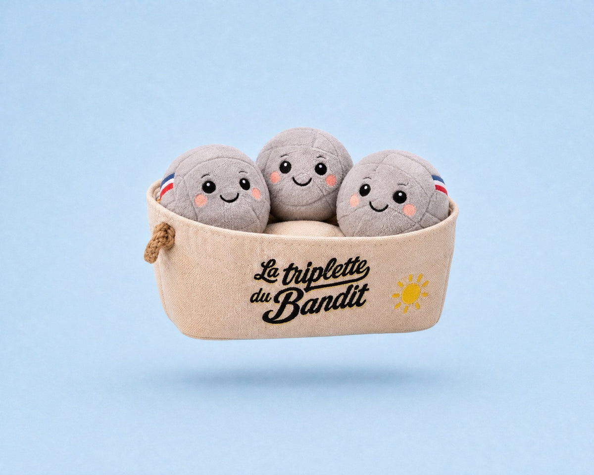 La Triplette du Bandit, jouet pour chien en peluche boules de pétanque et housse, packshot French Bandit