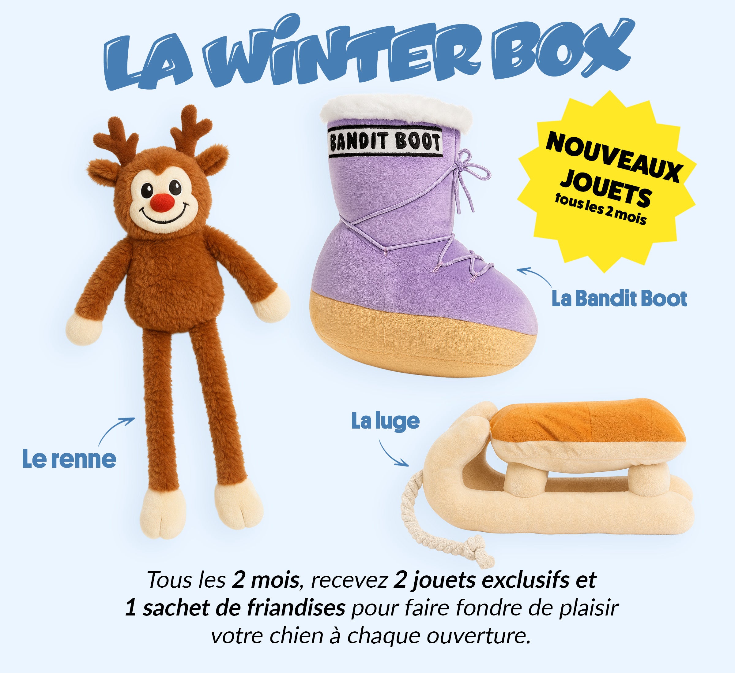 Box jouet pour chien – 2 jouets exclusifs + friandises