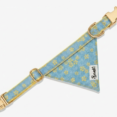 Bandana pour chien jean fleurs jaunes