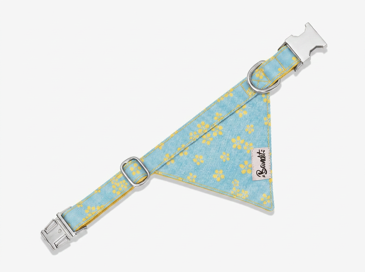 Bandana pour chien jean fleurs jaunes