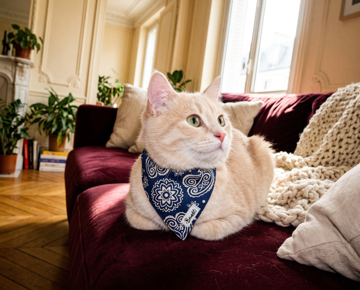 Bandana pour chat motif Minuit (paisley bleu marine) Essentiel French Bandit porté par un chat crème sur un canapé en velours