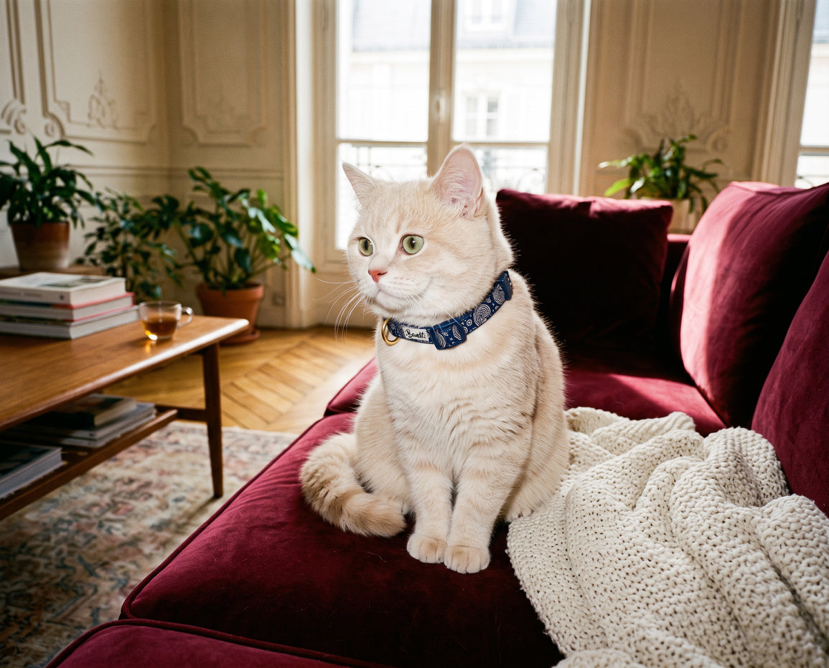 Collier pour chat motif Minuit (paisley bleu marine) Essentiel French Bandit porté par un chat crème sur un canapé en velours