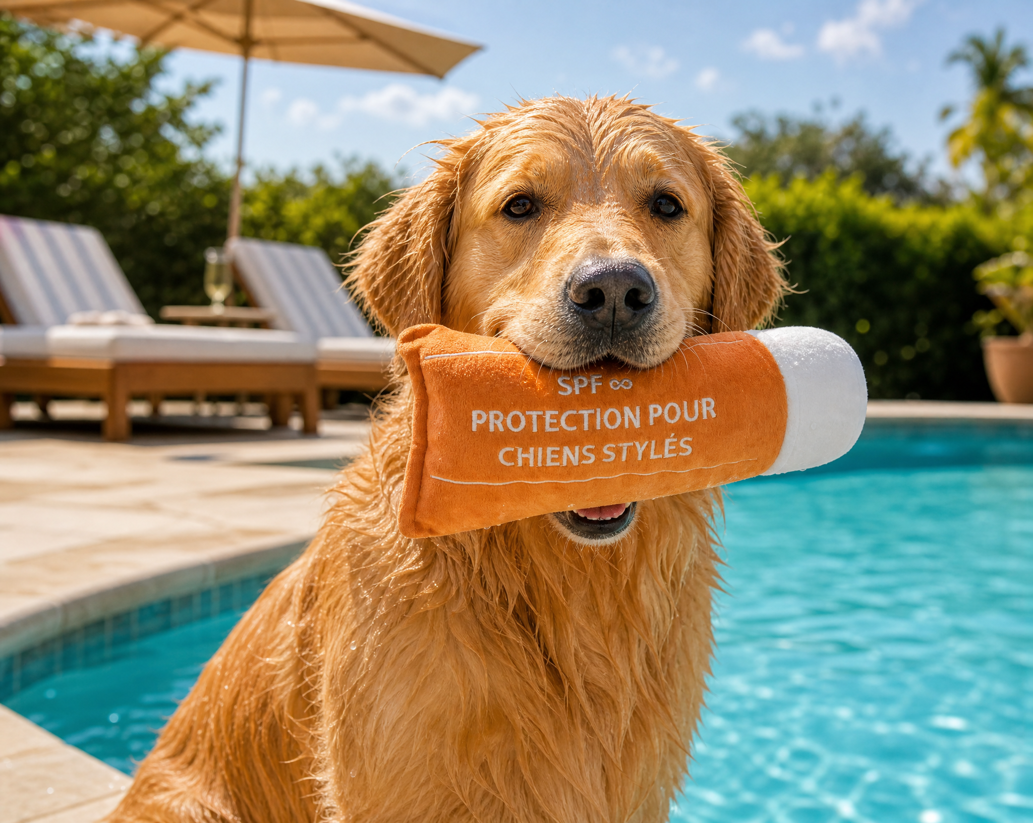 Golden retriever tenant le jouet crème solaire French Bandit au bord d'une piscine