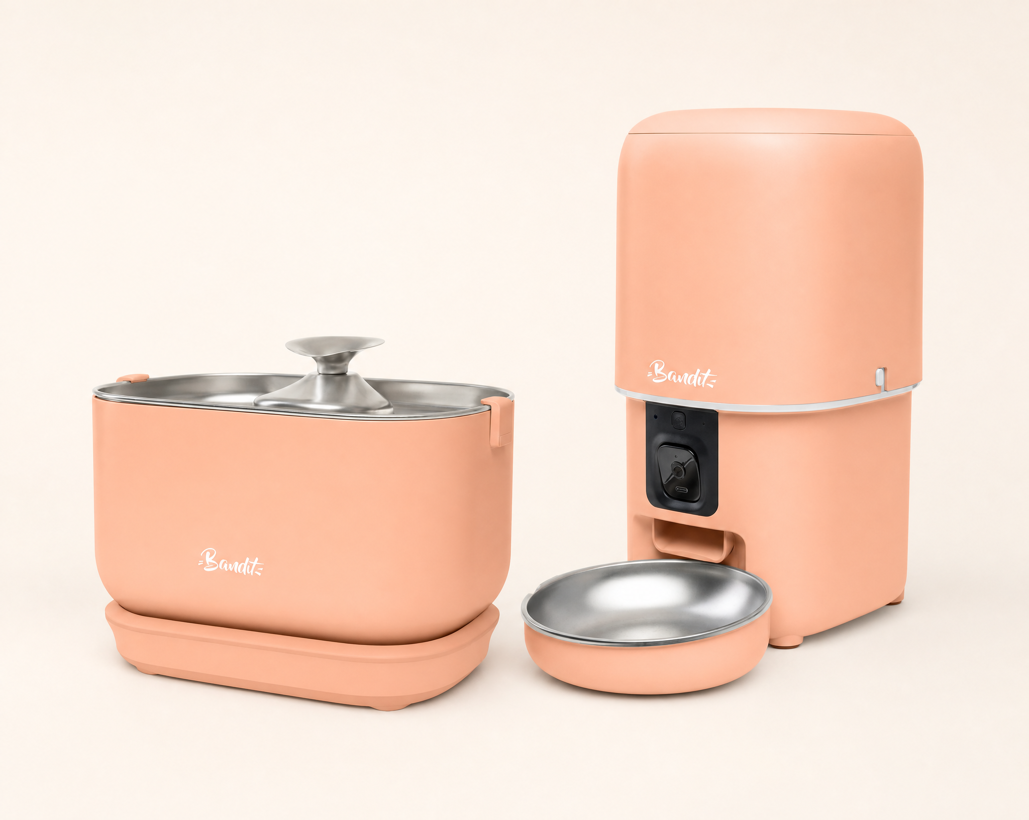 Kit fontaine à eau filaire + distributeur de croquettes Bandit, coloris pêche