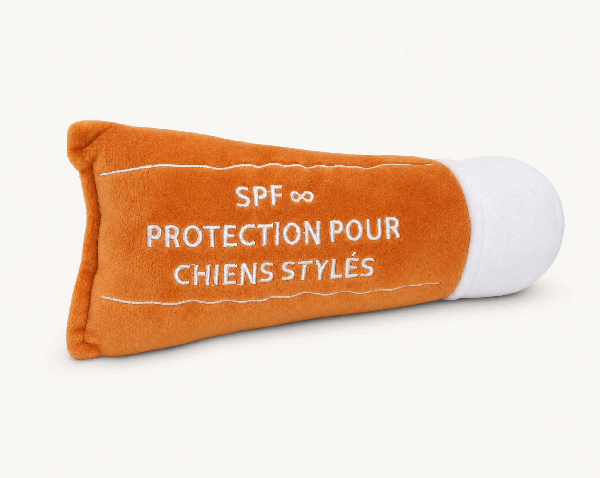 Jouet pour chien en peluche en forme de tube de crème solaire French Bandit, brodé SPF infini