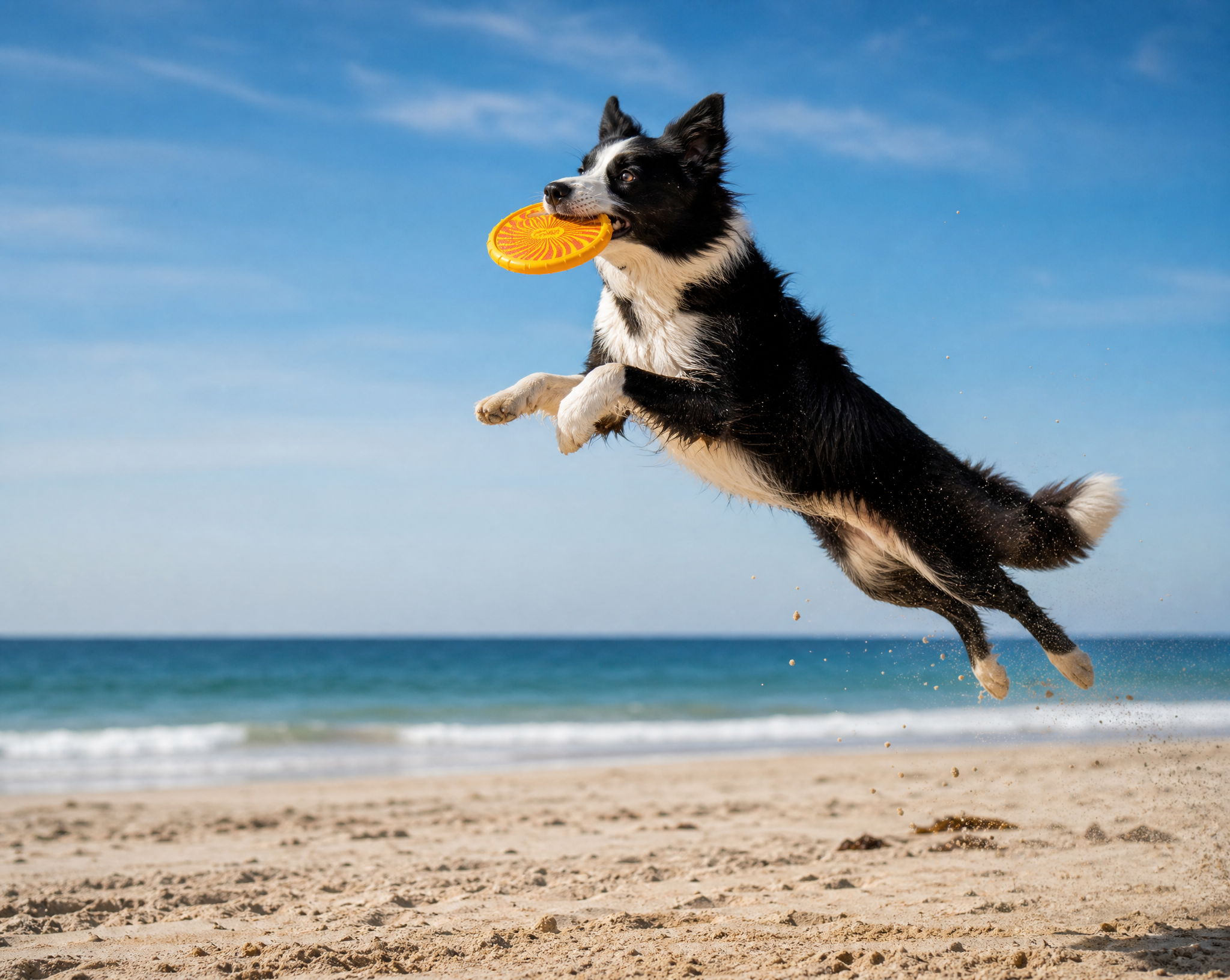 Border collie bondissant sur la plage pour attraper le frisbee French Bandit