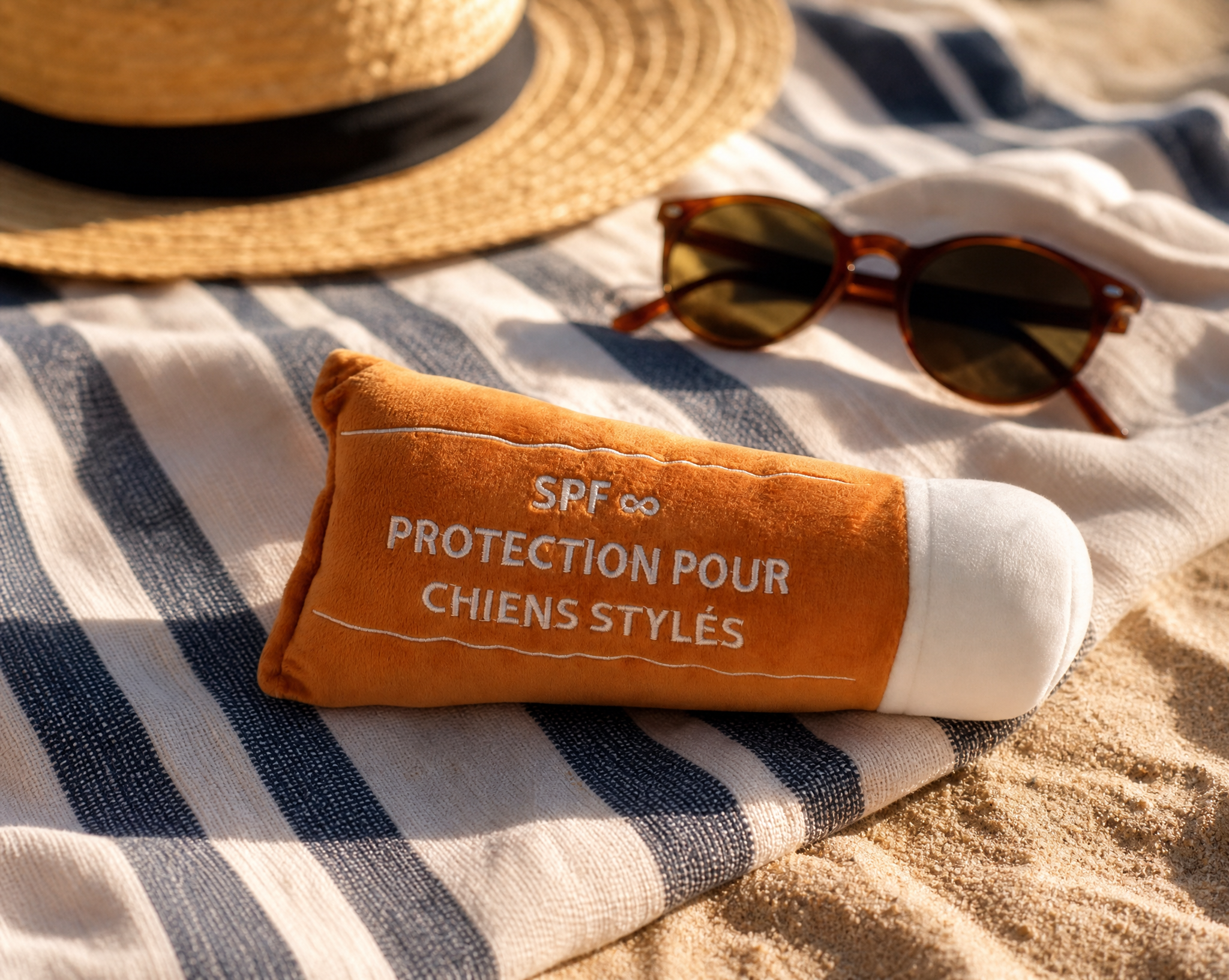 Jouet crème solaire French Bandit posé sur une serviette de plage rayée sur le sable