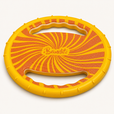 Frisbee flottant pour chien French Bandit jaune et orange avec double poignée ergonomique