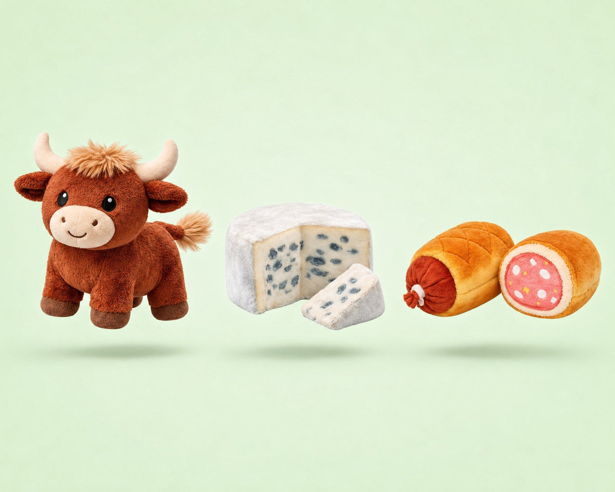 Collection jouets pour chien Auvergne-Rhône-Alpes French Bandit : vache Salers, bleu et saucisson brioché en peluche