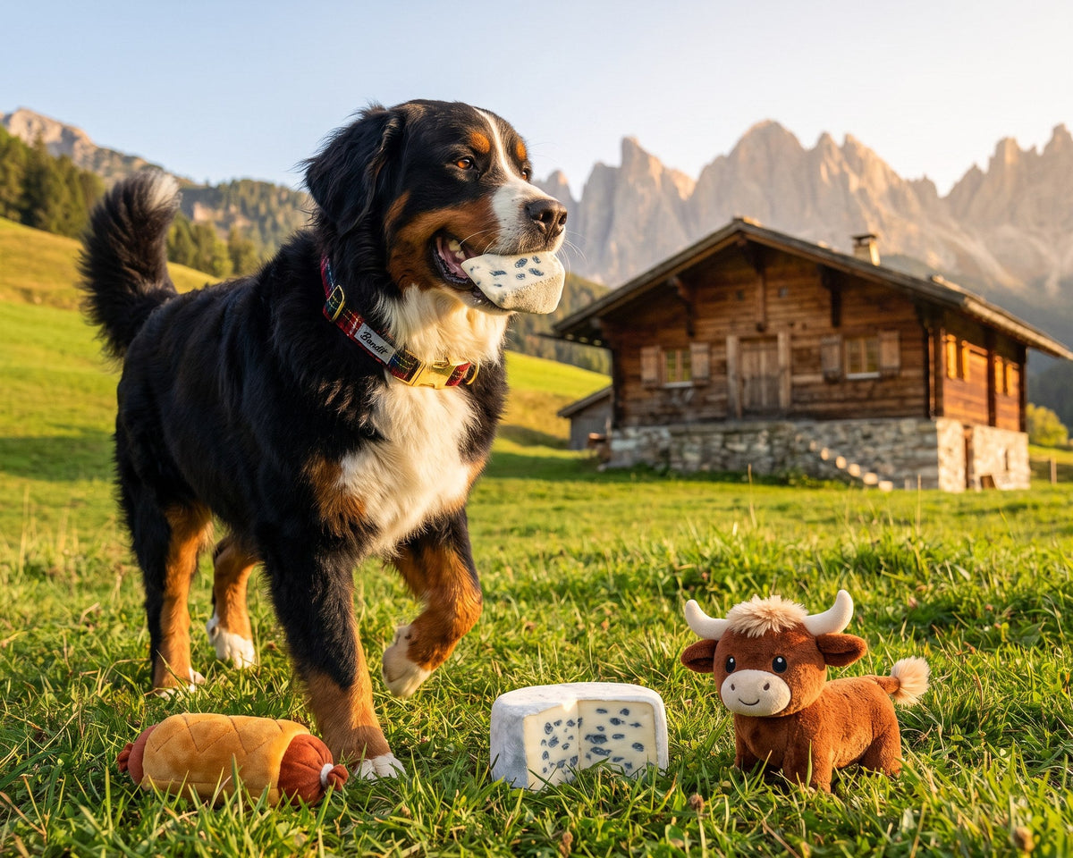Bouvier bernois tenant le jouet fromage bleu en peluche French Bandit devant un chalet de montagne