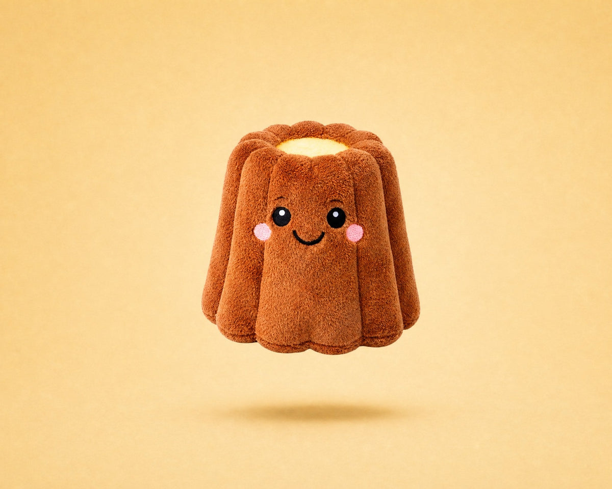 Le P'tit Bordelais, jouet pour chien en peluche en forme de canelé bordelais, packshot French Bandit