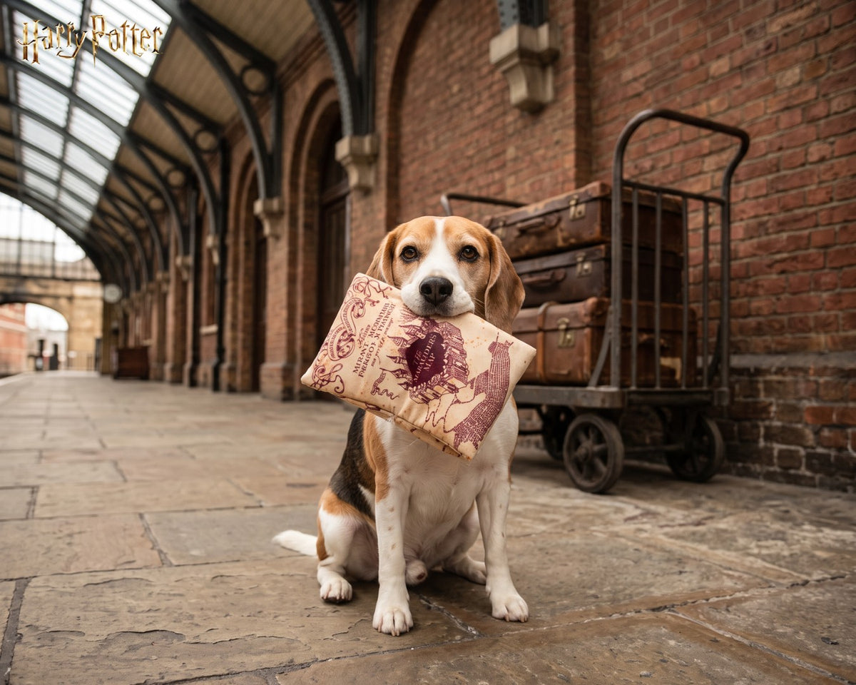 Beagle tenant le jouet Carte du Maraudeur Harry Potter dans une gare