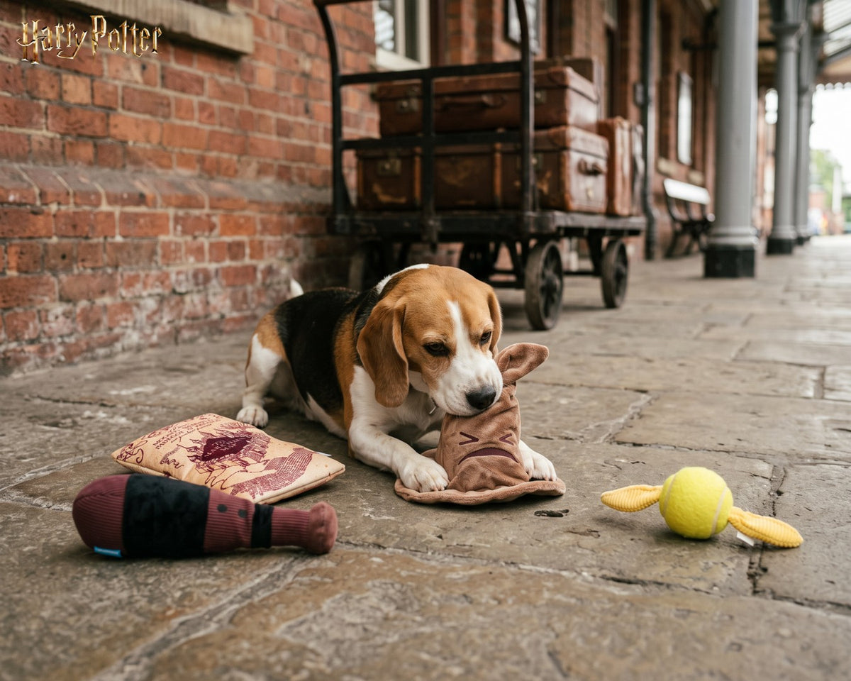 Beagle avec les jouets pour chien Harry Potter x BARK : Choixpeau, Carte du Maraudeur, Nimbus 2000, Set de Quidditch
