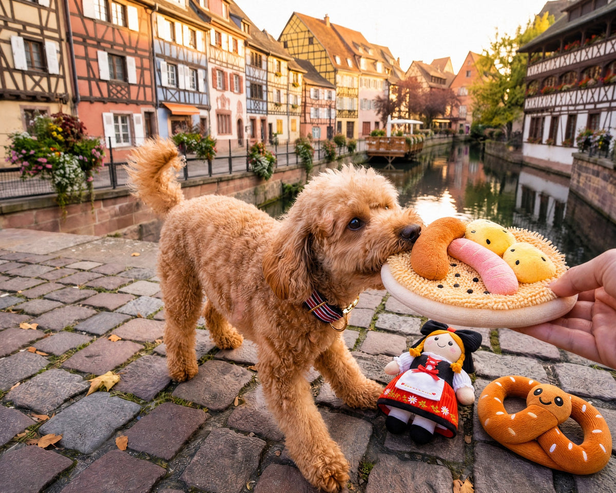 Chien caniche attrapant le jouet choucroute en peluche French Bandit dans les rues de Colmar