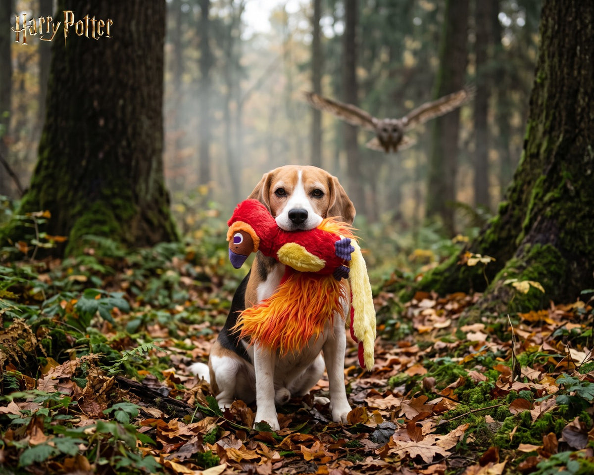 Beagle tenant le jouet pour chien Fumseck Harry Potter en forêt