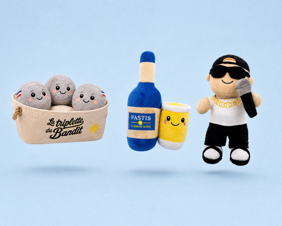 Collection jouets pour chien Marseille French Bandit : triplette de pétanque, pastis et Le B en peluche