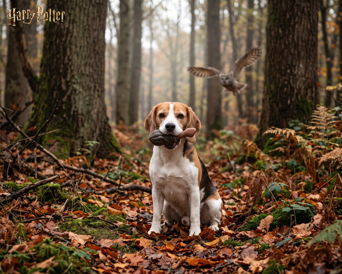 Beagle tenant le balai Nimbus 2000 à mâcher Harry Potter en forêt