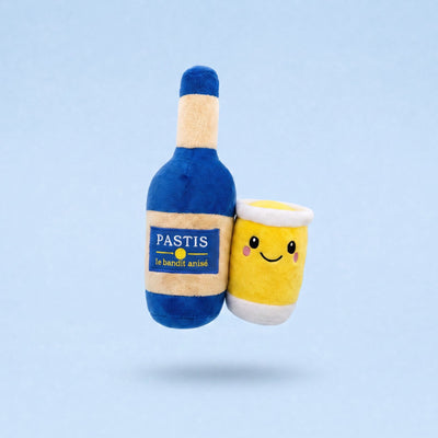 Le Petit Jaune, jouet pour chien en peluche bouteille de pastis et verre, packshot French Bandit