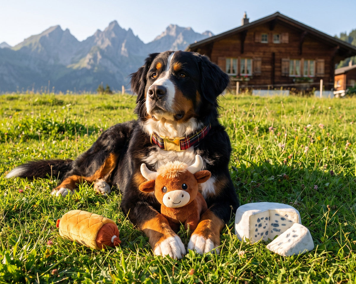Bouvier bernois allongé dans l'herbe avec les jouets en peluche French Bandit saucisson brioché, vache et bleu