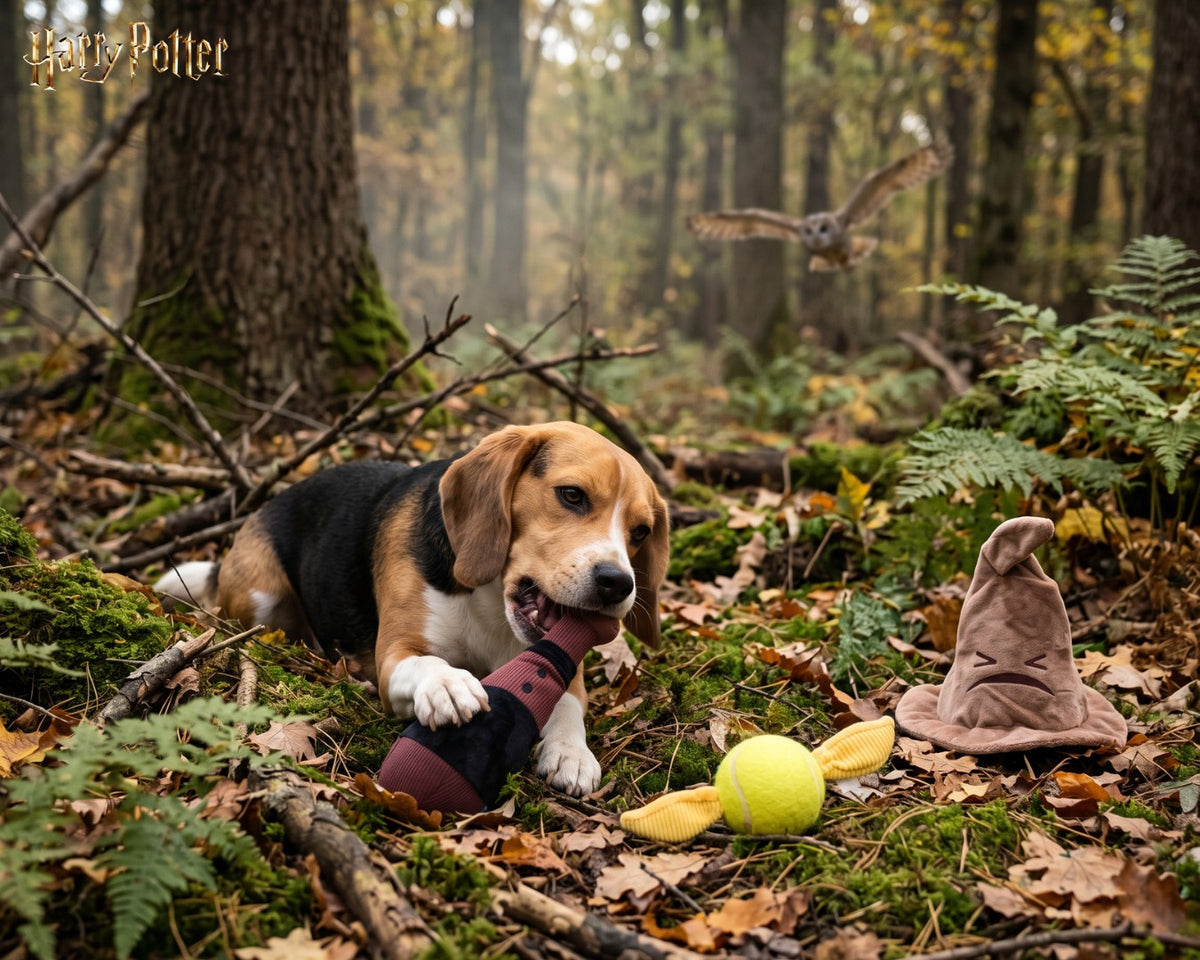 Beagle avec le Set de Quidditch et le Vif d'or Harry Potter dans les feuilles