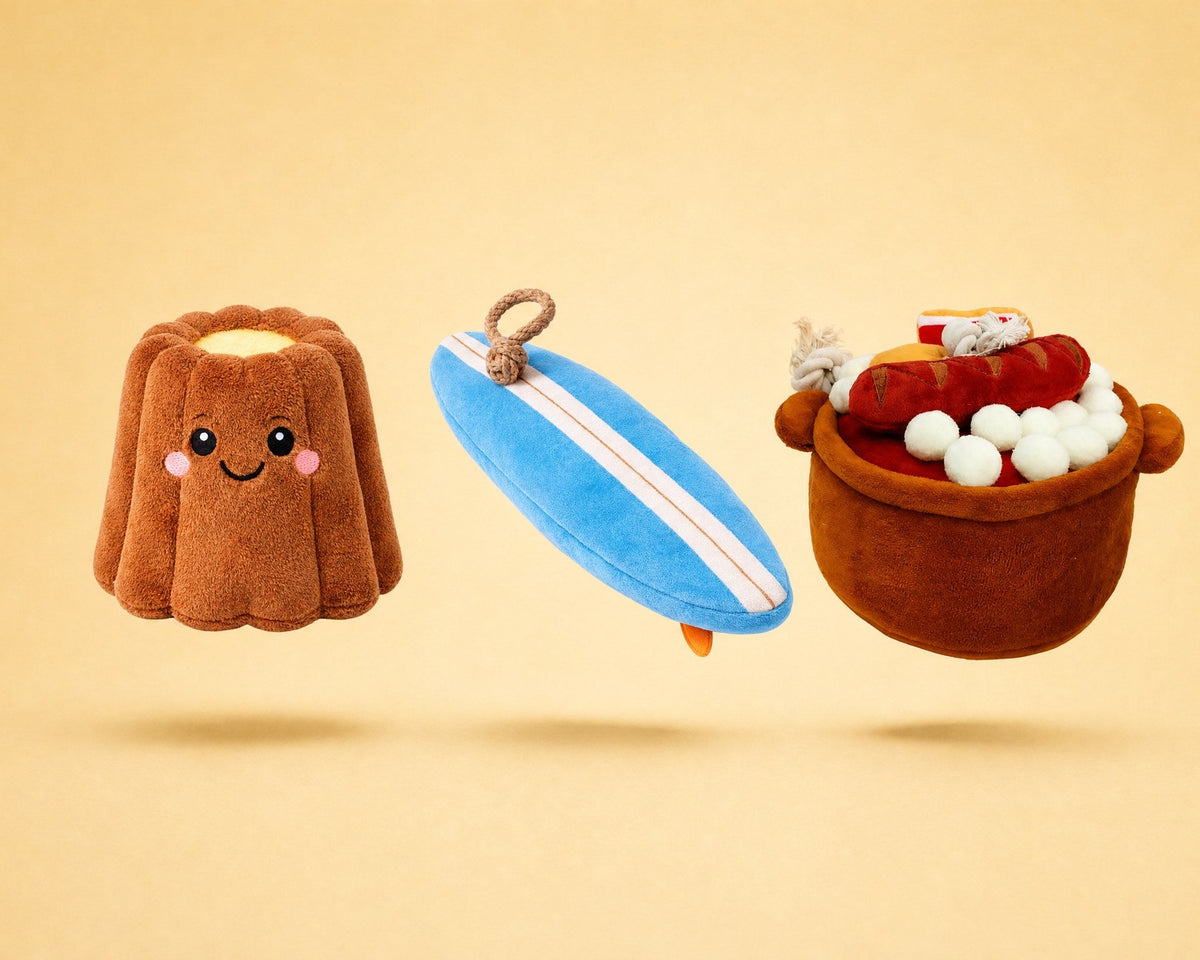 Collection jouets pour chien Sud-Ouest French Bandit : canelé, planche de surf et cassoulet en peluche