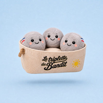 La Triplette du Bandit, jouet pour chien en peluche boules de pétanque et housse, packshot French Bandit