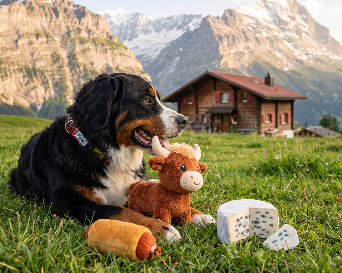 Bouvier bernois avec le jouet vache Salers en peluche French Bandit dans un alpage de montagne