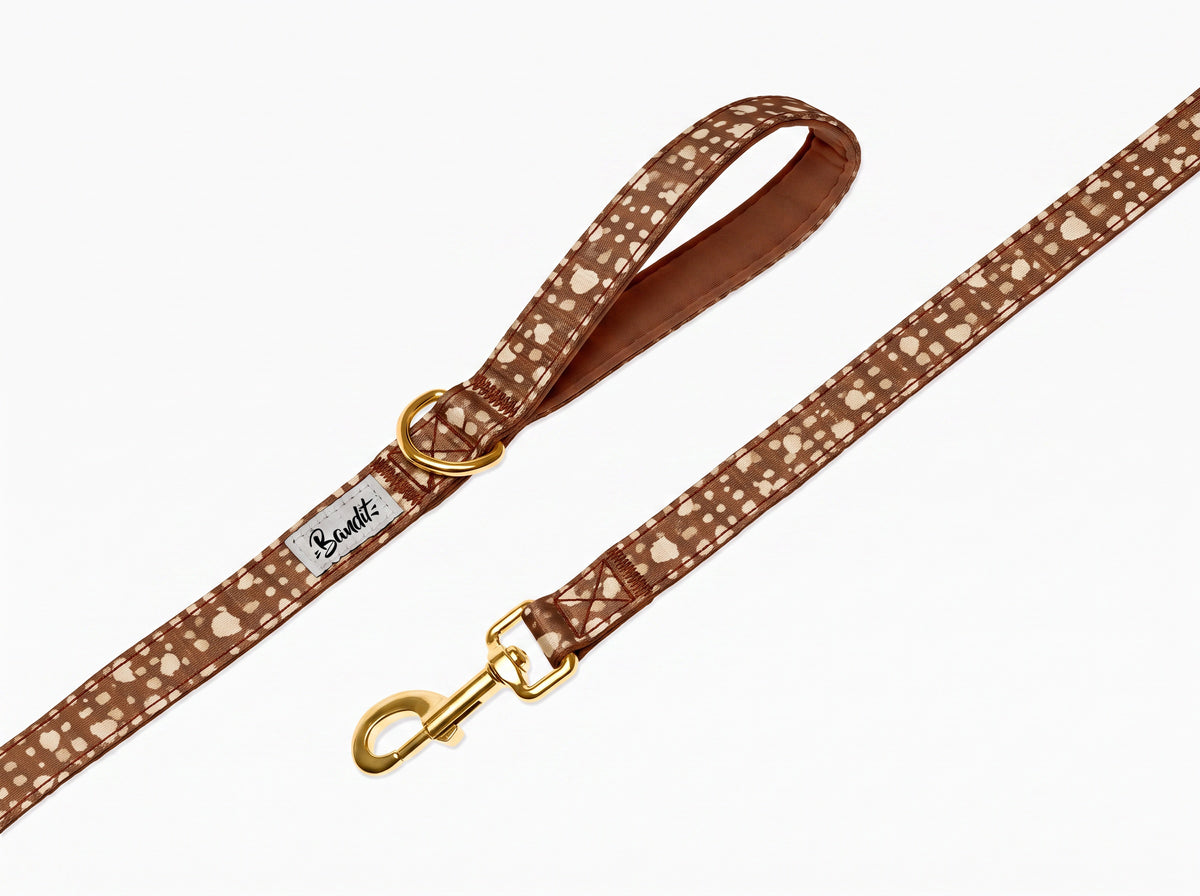 Laisse pour chien motif Faon (pois beige sur fond marron) Essentiel French Bandit, vue produit sur fond blanc